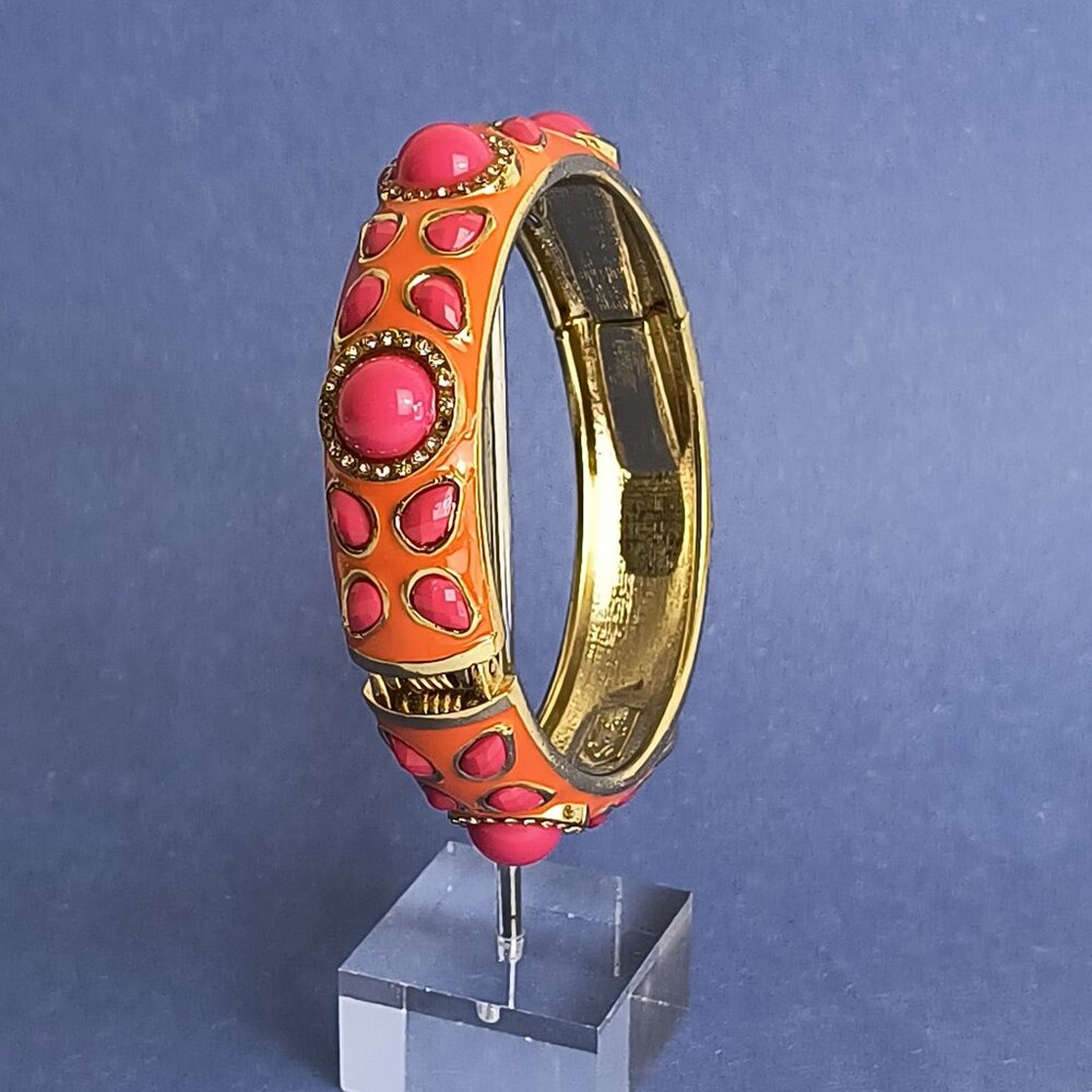 Cabochon Boho Enamel Faux Beads Hinge Bangle Bracelet Gold Tone Casual Statement